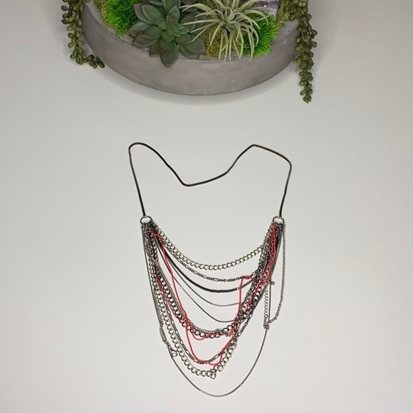 Metal Layered Silver 11 Chain metal Rock Necklace hot pink artisan made - Picture 2 of 8